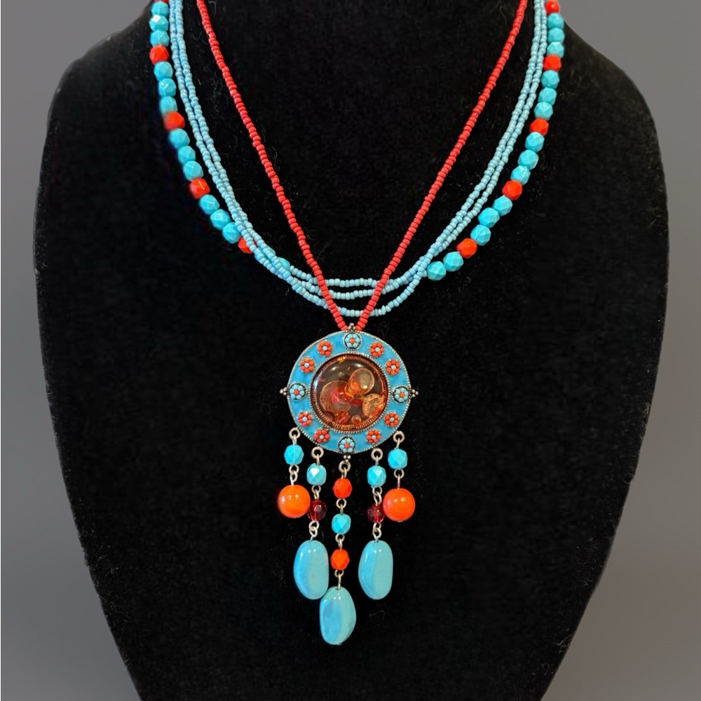 Boho Blue and Red Multi-Strand Necklace with Medallion